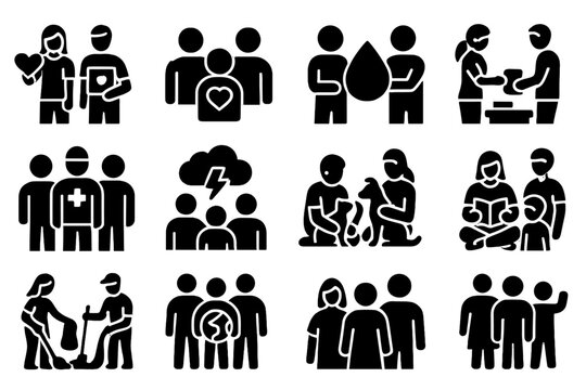 Community Support Icons. Solid style icons of Community support: charity volunteers, donation group, blood donation team, food