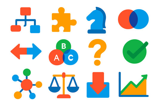 Logic Icons Collection. Flat vector icons of logic and reasoning: flowchart, puzzle piece, chess knight, Venn diagram, argument
