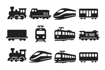 Train Icons Compilation. Solid style icons of trains and locomotives: classic train engine, modern locomotive, bullet train,