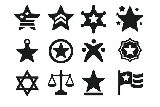 Solid Symbolic Stars. Solid style icons of symbolic stars: patriotic star, military rank, sheriff badge, festive star, star-shaped