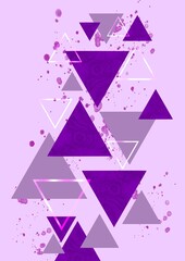 Purple geometric triangles with ink splatter on pastel background abstract modern design 