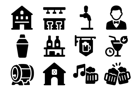 Solid Style Pub Icons. Solid style icons of Bars and pubs: pub building, bar counter, beer tap, bartender icon, cocktail shaker, - Powered by Adobe