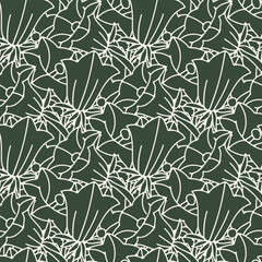Seamless pattern with green and white canary islands flowers bellflower. Monochrome hand drawn floral wallpaper