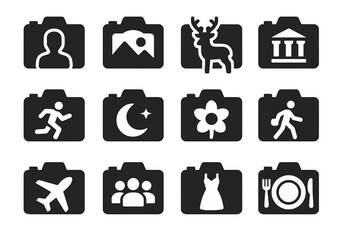 Photography Icons Collection. Solid style icons of photography categories: portrait icon, landscape icon, wildlife camera,