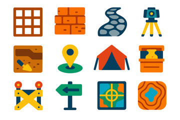Archaeological Site Icons. Flat vector icons of archaeological sites: dig grid, ancient wall, stone path, excavation trench, site