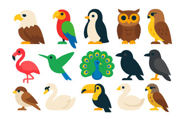 Naklejka premium Colorful Bird Icons. Flat vector icons of birds: eagle, parrot, penguin, owl, flamingo, hummingbird, peacock, crow, sparrow, swan,