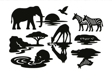 Obraz premium African Watering Hole Icons. Solid style icons of Watering Hole: African watering spot, elephant silhouette, sunset horizon,