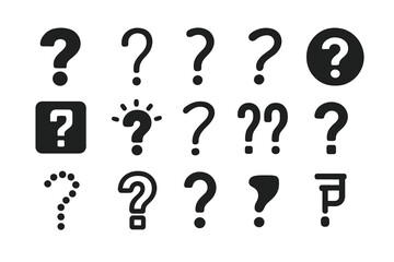 Varied Question Marks. Solid style icons of Question marks: bold question mark, thin question mark, tilted question mark, question