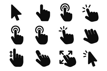 Pointer Gesture Icons. Solid style icons of Pointers: mouse pointer hand, finger pointer, tapping finger, pointing cursor,