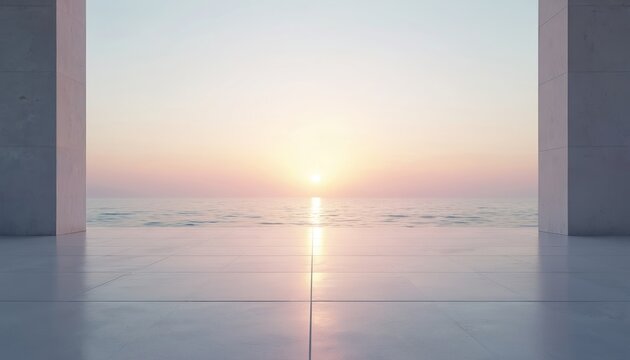 Sunset over calm sea through concrete pillars on tiled floor. Ocean water reflects warm sunset light. Blue sky with pink clouds at sunrise sunset. Shore with empty square floor, beautiful coastline