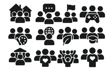 Community Icons. Solid style icons of Communities: neighborhood group, online forum members, activist group, hobby club, cultural