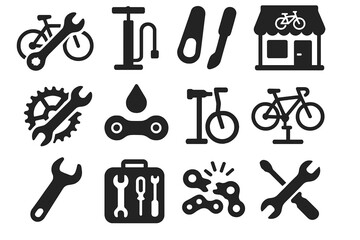 Bike Repair Icons. Solid style icons of bike repair and maintenance: wrench on bike, air pump icon, tire patch tool, bike shop