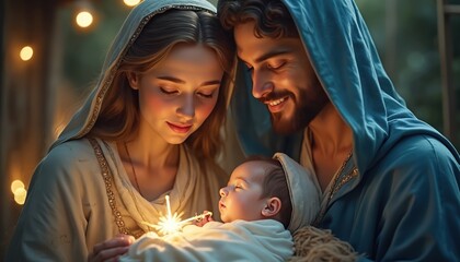 Mary and Joseph gently look at baby Jesus. Holy family in a warm Nativity scene. Newborn child holds a shining star. They celebrate Christmas, born Messiah, a moment of divine love and sacred wonder. © miss irine