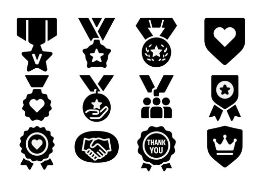 Recognition Medals Icons. Solid style icons of Recognition medals: service ribbon, volunteer award, appreciation medal, dedication