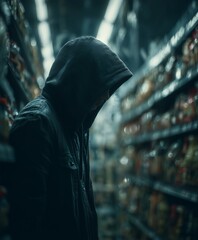 A cunning and dexterous shoplifter, doing his dirty deeds in a store. In the background are store shelves, a supermarket. The scene captures mystery, solitude, and cinematic tension.