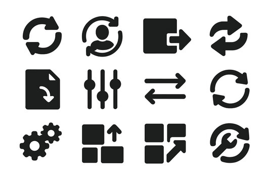 Transformation Icons. Solid style icons of change and transformation: arrows in circle, change icon, flipped square, rotating