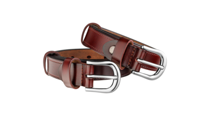 Close-up of two stylish leather belts, burgundy, with shiny metal buckles. Ideal for fashion, accessories, and online product visuals.