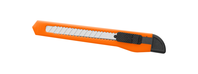 A bold Orange utility knife with black handle and retractable blade, designed for precise slicing. Suitable for office or craft tasks, with ergonomic and safe features.