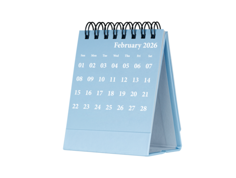 Desktop calendar for February 2026 in blue colour. Mini planner for business and finance, spiral view on isolated white background close up.