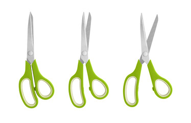 A set of Green handled scissors shown in closed, half-open, and open positions on a white background. Featuring sharp stainless steel blades and ergonomic grips, ideal for office, craft