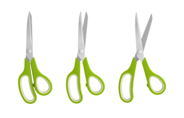 A set of Green handled scissors shown in closed, half-open, and open positions on a white background. Featuring sharp stainless steel blades and ergonomic grips, ideal for office, craft