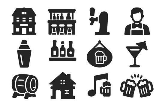 Solid Style Pub Icons. Solid style icons of Bars and pubs: pub building, bar counter, beer tap, bartender icon, cocktail shaker,