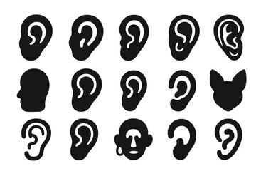 Solid Ear Icons. Solid style icons of Ears: human ear, side ear, simple ear, detailed ear, ear silhouette, big ear, small ear,