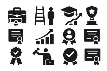 Career Achievement Icons. Solid style icons of Career and degree: briefcase with diploma, corporate ladder, job success cap,