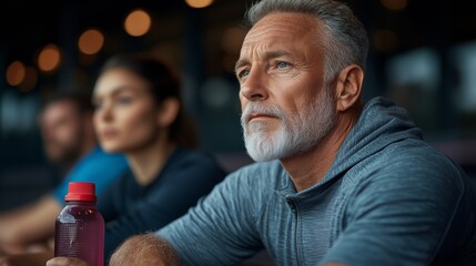 An older man, holding a water bottle, watches intently during a workout, showcasing determination and fitness. The image captures dedication, health, and active aging.