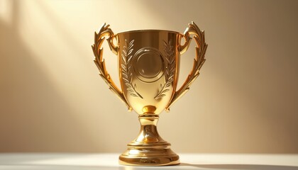 Golden trophy with handles sits on pedestal. Shiny cup symbolizes victory achievement and top champion status. Award represents success in sports or contests.