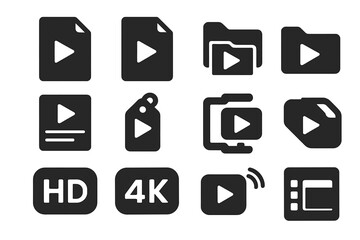 Video File Icons. Solid style icons of video file types: MP4 file, MOV file, AVI icon, MKV icon, video folder, thumbnail preview,