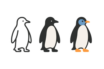 Naklejka premium Minimalist Penguin Trio. Minimalist penguin animal icon: three identical penguins standing upright in a row, first in line style