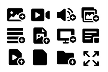 Icon Set Additions. Solid style icons of media and content addition: photo with plus, video add icon, audio add, gallery plus,