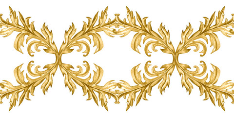 Golden vintage vignettes on a seamless pattern isolated on a white background. Watercolor border for Christmas and wedding decor, invitations, greeting cards, tablecloths, table runners, home decor