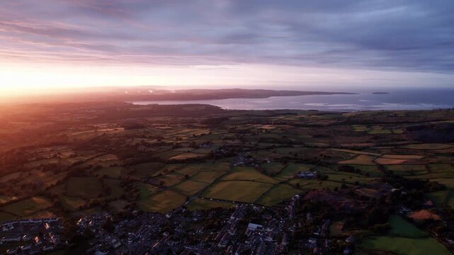 Sunset Drone View Over Coastal Countryside in Wales