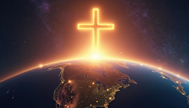 Glowing cross rises over illuminated planet Earth. Light beam ascends into starry night sky. Symbolizes global faith and divine hope spread worldwide.