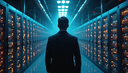 Fototapeta premium Man in suit walks down aisle of glowing server racks. Futuristic data center with rows of computers and blue lights. Digital information storage and tech infrastructure.