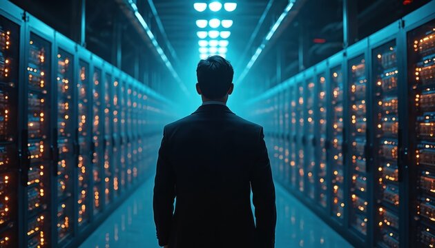 Man in suit walks down aisle of glowing server racks. Futuristic data center with rows of computers and blue lights. Digital information storage and tech infrastructure.