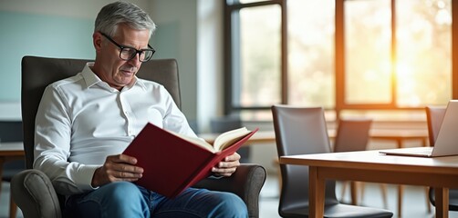 Mature man reads book in room. Senior reads novel at desk in light modern office. Professor studies textbook. Businessman prepares report. Silver haired male relaxes with literature indoors.