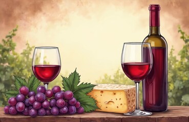 Naklejka premium Red wine bottle and glasses with grapes and cheese slice. Wooden table setting. Blurred vineyard background. Autumn harvest theme. Relaxing moment.