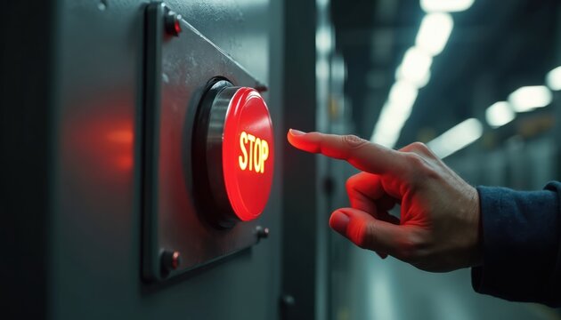 Person hand reaches for big red glowing stop button. Immediate decision, push alert signal on industrial machine interface. Control, safety, and urgent halt.