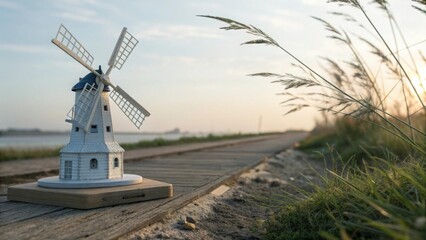Obraz premium Small white decorative windmill on wooden platform outdoors