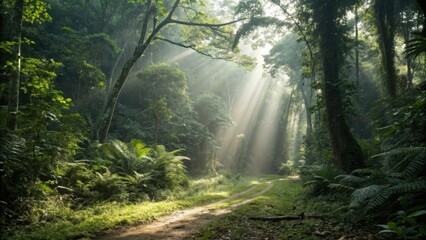 Obraz premium Sunlit Jungle Path with Rays of Light Streaming Through Trees