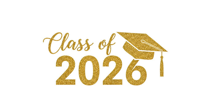 Gold glitter class of 2026 graduation design with a graduation cap perfect for invitations announcements and celebratory decorations for upcoming graduation events and school achievements