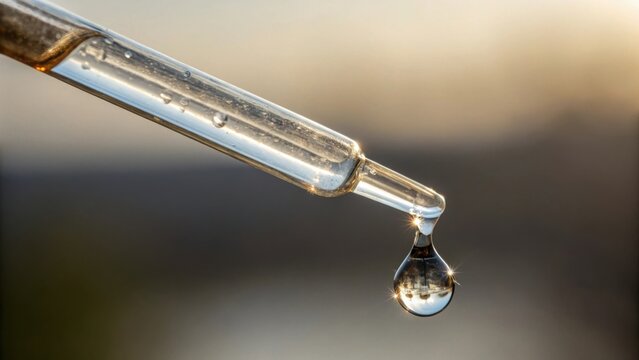 Clear liquid droplet suspended from a glass pipette tip closeup