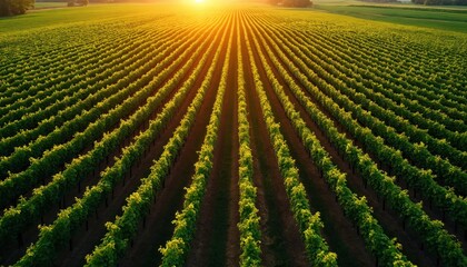 Naklejka premium Aerial drone view of neat rows of green grapevines under golden sunset. Sunlight streams across agricultural field creating long shadows. Vast vineyard stretches towards horizon in rural landscape.