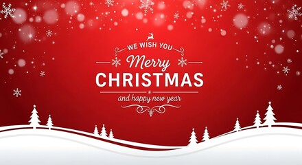 Festive merry christmas greeting with snowflakes and winter trees on a vibrant red background