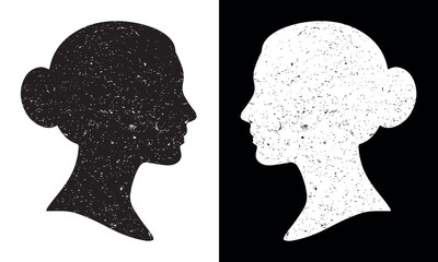 Grunge Female Silhouette Portrait — Vintage Black and White Woman Profile Vector, Distressed Texture Dual Design, Retro Minimalist Art