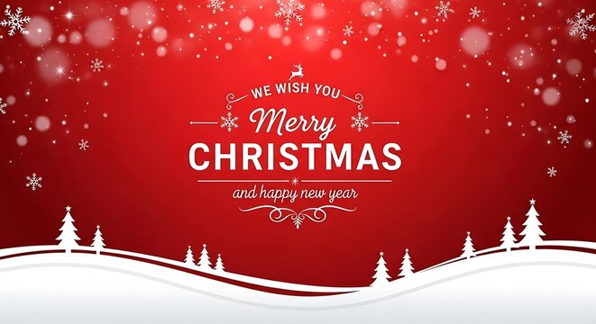 Festive merry christmas greeting with snowflakes and winter trees on a vibrant red background