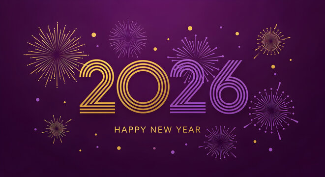 Celebrating happy new year 2026 with festive fireworks on a purple background perfect for new year greetings holiday cards and seasonal promotions with a modern and elegant design style